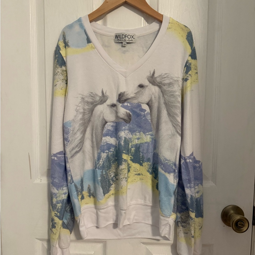 Wildfox V-Neck Sweater with Horse Design in White, Blue, and Yellow